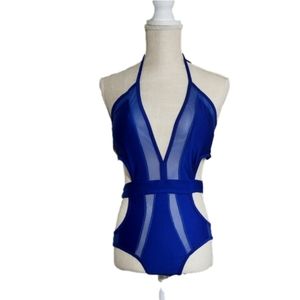 Cut Out Blue Mesh Monokini Swimsuit - Size Medium